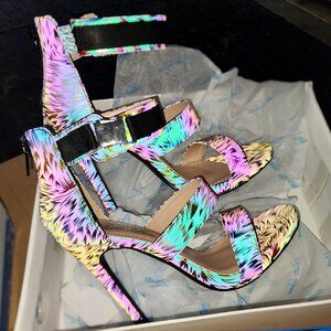 Festive Colorful Metallic Reflective Triple Strap Mini Platform High Heel Shoes